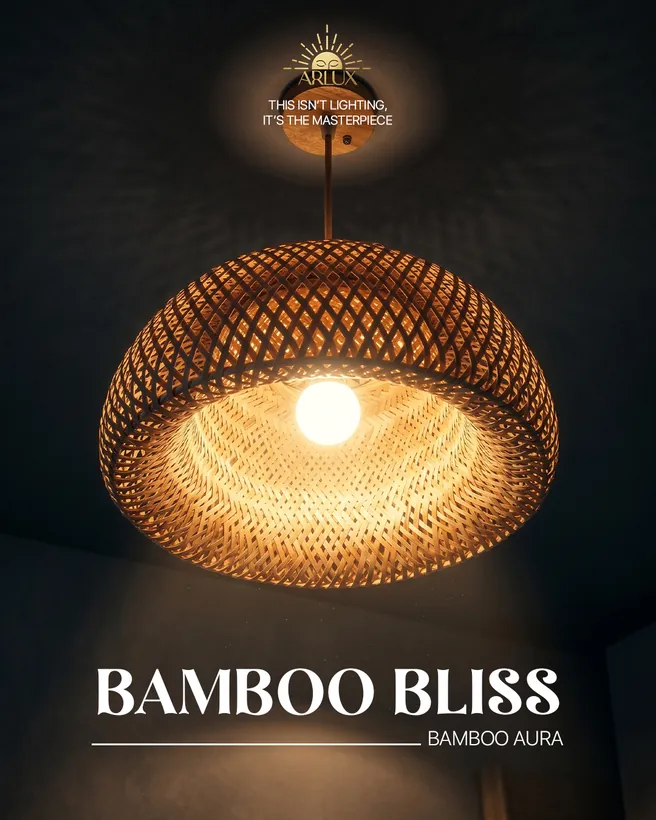 Arlux lighting: the Bamboo Bliss woven pendant lit from within against a dark wall.