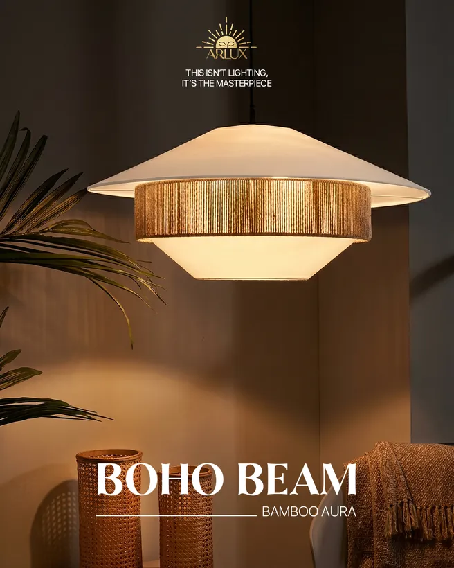 Arlux lighting: the Boho Beam flat woven pendant above a warm interior with a palm leaf.