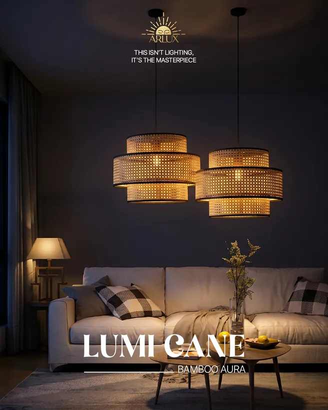 Arlux lighting: three LumiCane cane pendants over a sofa in a dim living room.