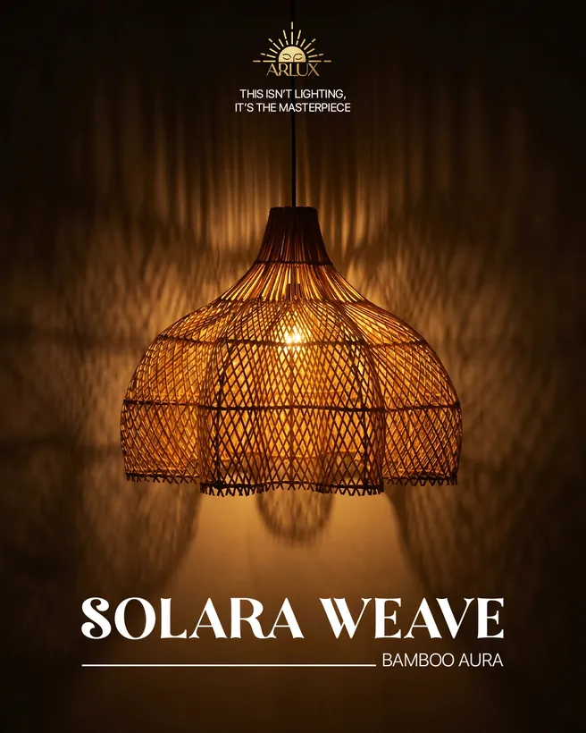 Arlux lighting: the Solara Weave pendant glowing against a warm textured wall.