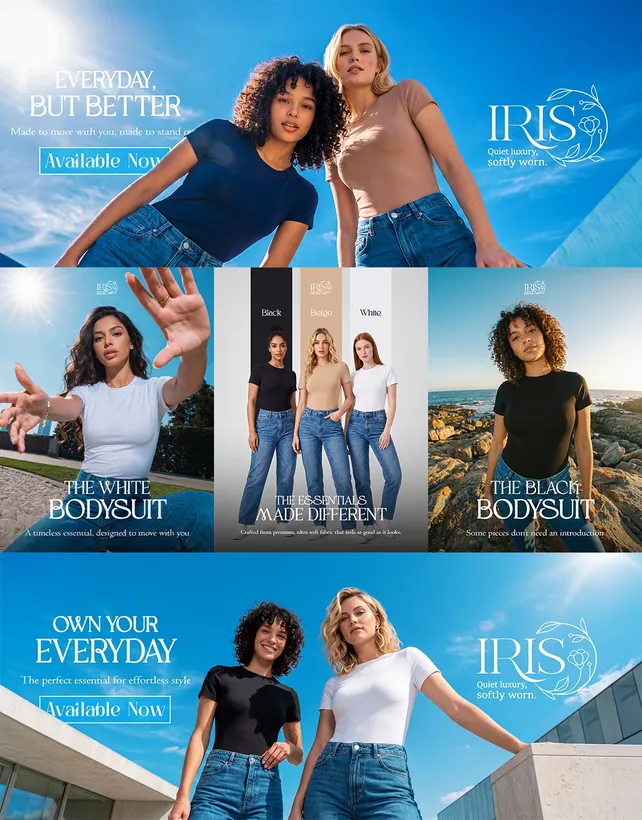 The full IRIS campaign laid out as one board: two wide banners and three portrait creatives together.
