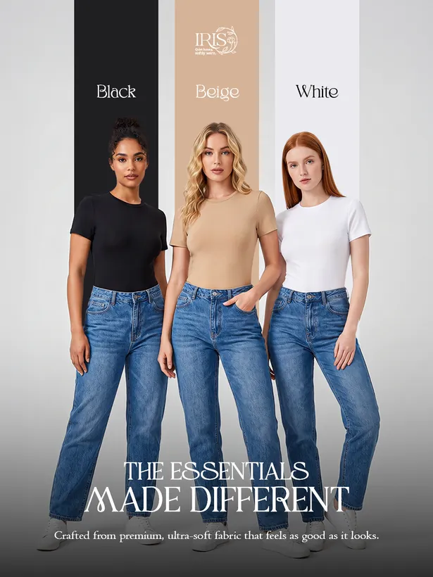 IRIS colourway line-up: three models in black, beige and white bodysuits against matching colour panels.
