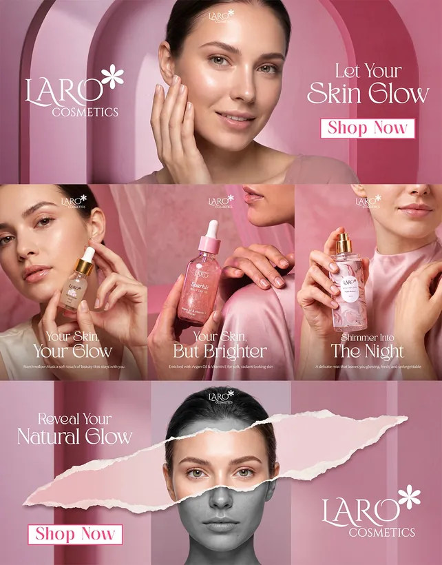 The full LARO campaign laid out as one board: wide banners and three product creatives together.