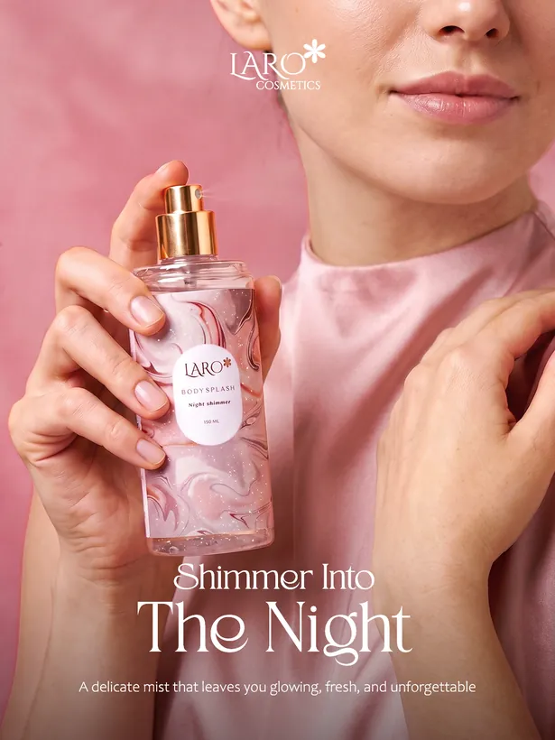LARO campaign image: the Night Shimmer body splash held at the shoulder, headline Shimmer Into The Night.