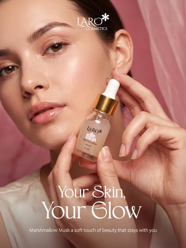 LARO campaign image: a model holding the Marshmallow Musk serum beside her face, headline Your Skin, Your Glow.